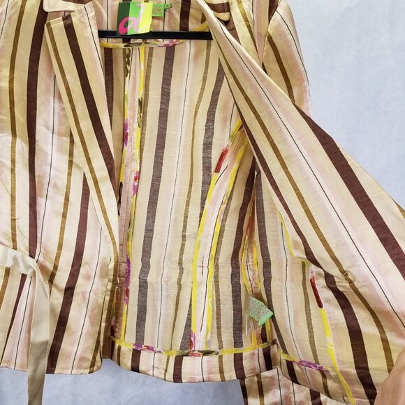 D.E.S. Jacket Women's Sz 6 Silk Linen Snap Wrap Front Striped Classic Blazer Tan - Picture 13 of 16